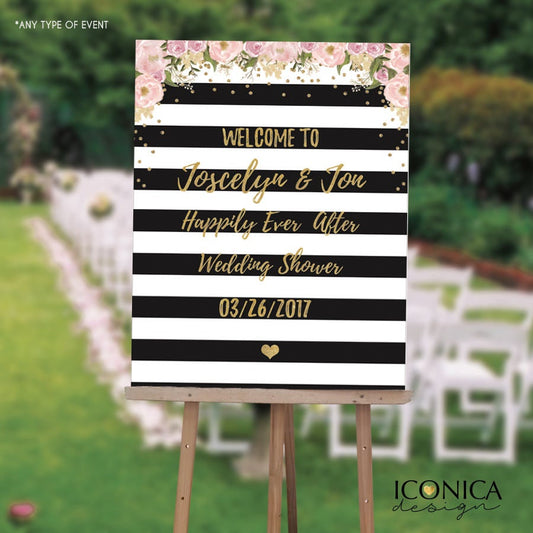 WEDDING Welcome Sign Floral Black and White Stripes - PINK PEONIES - Printed or Printable File - Free Shipping