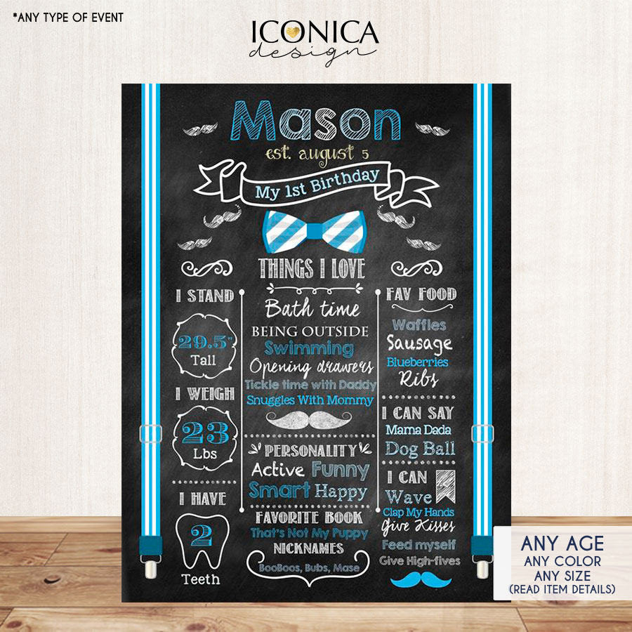 First Birthday Chalkboard Sign Little Man 1st Birthday Poster Mustache Bash Bowties Birthday Photo Prop Blue Printed Or Printable Cbd0002