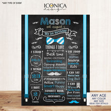 Load image into Gallery viewer, First Birthday Chalkboard Sign Little Man 1st Birthday Poster Mustache Bash Bowties Birthday Photo Prop Blue Printed Or Printable Cbd0002
