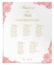 Load image into Gallery viewer, Wedding Seating Chart Board, Elegant Coral Gold Wedding, Lace Guest List Chart Seating Chart, Template Or Printed Any Color

