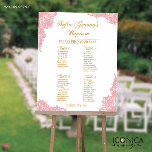 Baptism Seating Chart Board, Elegant Pink Gold Baptism, Lace Guest List Chart Seating Chart,  Any Color, Printed