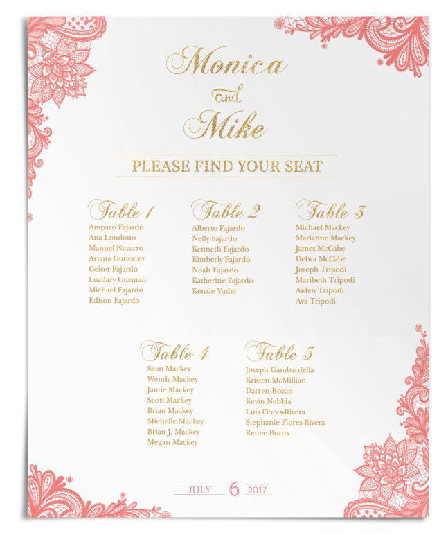 Baptism Seating Chart Board, Elegant Pink Gold Baptism, Lace Guest List Chart Seating Chart,  Any Color, Printed