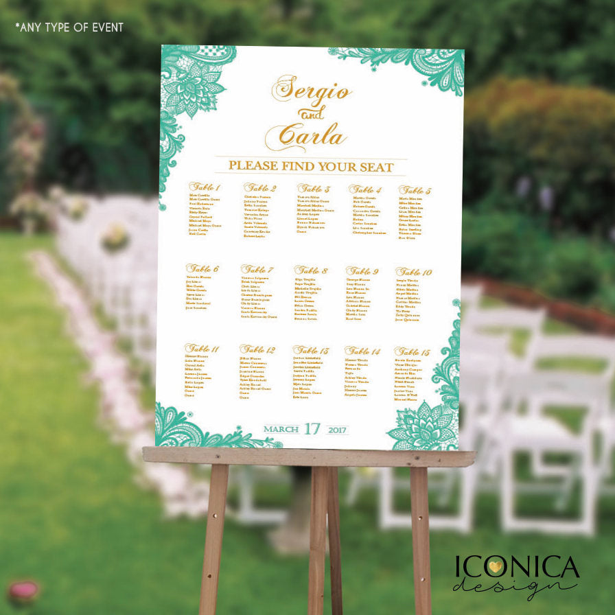 Wedding Seating Chart Board Mint Printable Guest List Chart Seating Chart Template Lace Mint Green Wedding Printed SCW0001