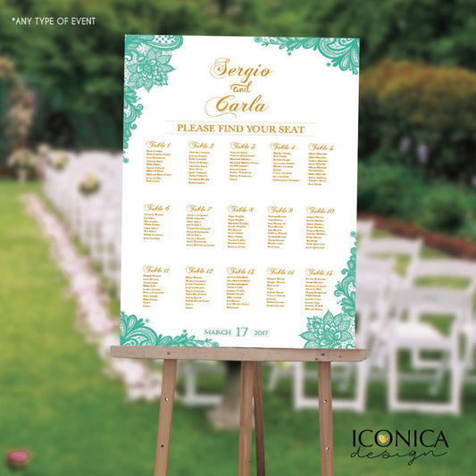 Wedding Seating Chart Board Mint Printable Guest List Chart Seating Chart Template Lace Mint Green Wedding Printed SCW0001