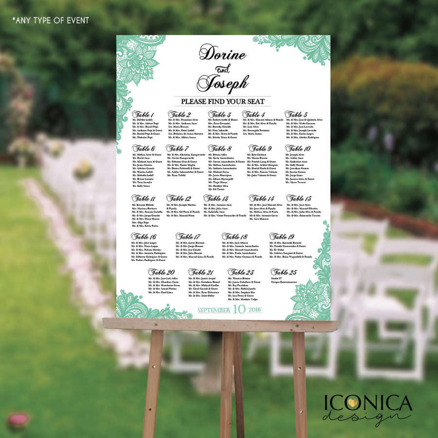 Wedding Seating Chart Board Mint Printable Guest List Chart Seating Chart Template Lace Mint Green Wedding Printed SCW0001