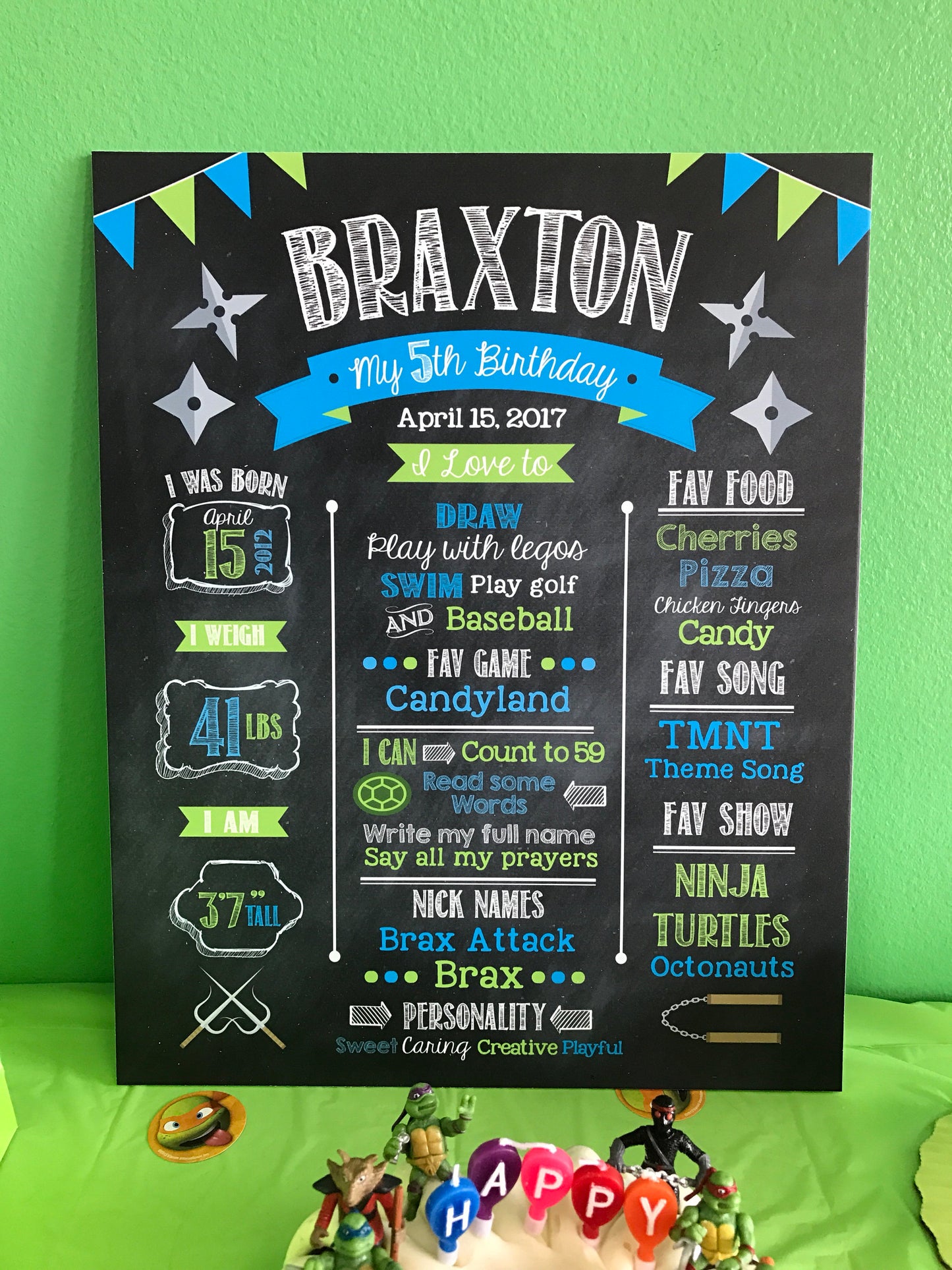 Ninja Party Chalkboard Sign, Birthday Poster, Any Age, Blue And Green , any color - Printed Or Printable File