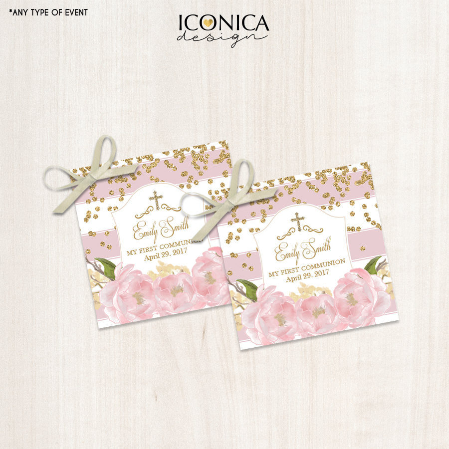 First Communion Favor Tags - Floral Pink Stripes Gift Tags - Thank You Tags - Pink Peonies Digital File Or Printed Shipped Gift Tags Tfc0002