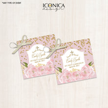 Load image into Gallery viewer, First Communion Favor Tags - Floral Pink Gift Tags - Thank You Tags - Pink Peonies Digital File Or Printed Shipped Gift Tags Tfc0003
