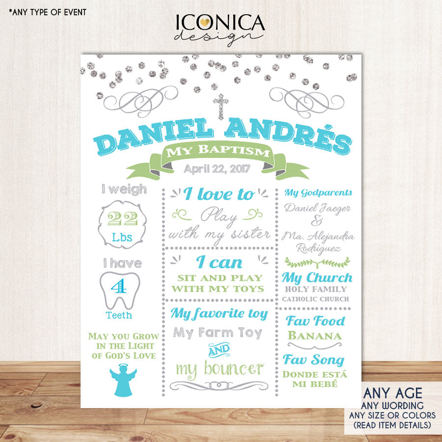 Baptism Chalkboard Sign Boy Baptism Party - Silver Confetti -any Event Or Color - Religious Poster Printed Or Printable File Any Age Cbp0004