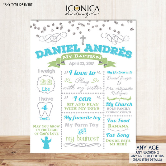 Baptism Chalkboard Sign Boy Baptism Party - Silver Confetti -any Event Or Color - Religious Poster Printed Or Printable File Any Age Cbp0004