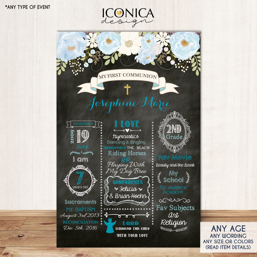 Floral First Communion Chalkboard Sign - Baptism Poster Any Event Or Info - Digital Or Printed Cfc0004
