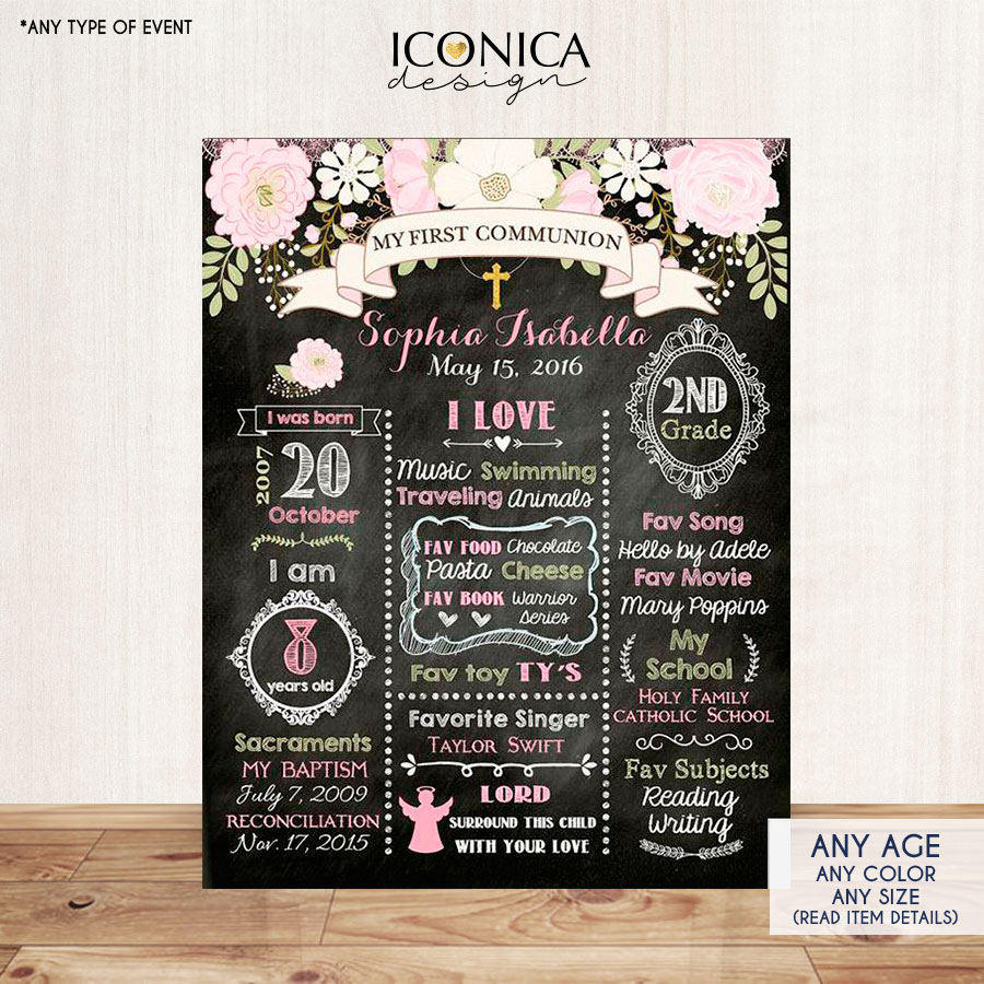 Floral First Communion Chalkboard Sign - Baptism Poster Any Event Or Info - Digital Or Printed Cfc0004