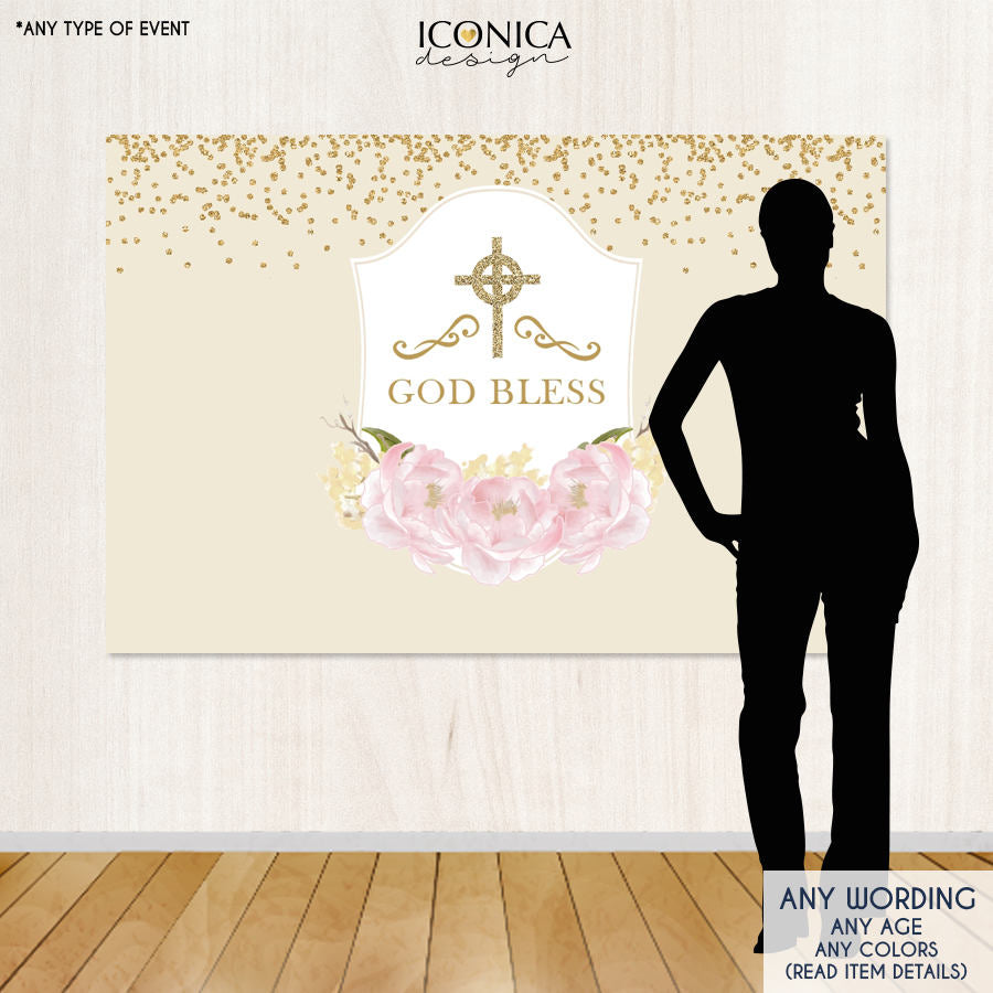 First Communion Backdrop, Ivory Religious Banner Floral First Communion Banner Pink Peonies, Religious Backdrop,Printed, BAR0005