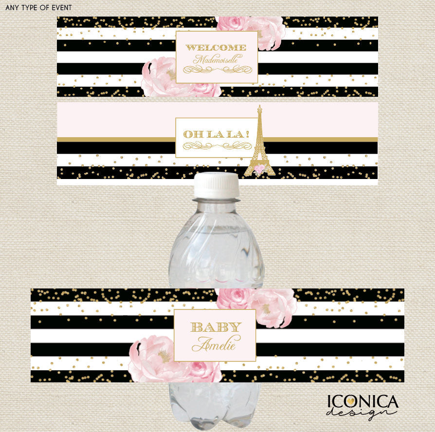 French Baby Shower Bottle Labels, Black and White Stripes Gold Glitter, Printed or Personalized Printable File