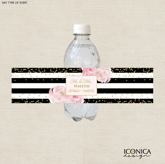 French Bottle Labels, Bridal Shower Bottle Wrappers, Black and White Stripes Gold Glitter, Printed or Personalized Printable File
