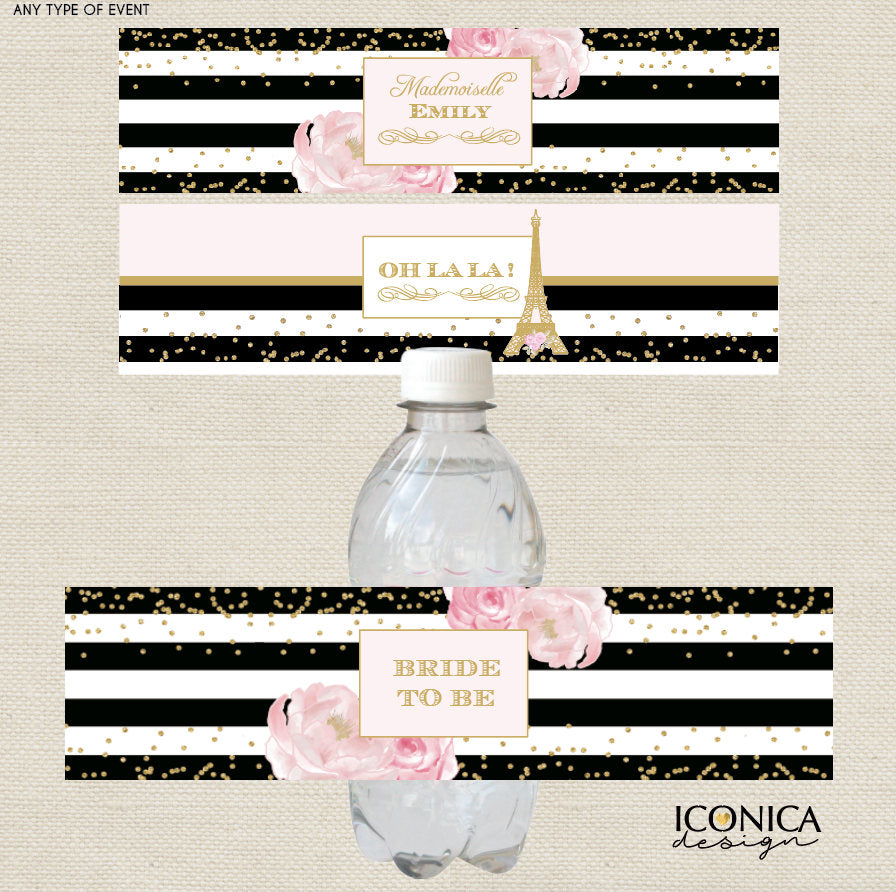 French Bottle Labels, Bridal Shower Bottle Wrappers, Black and White Stripes Gold Glitter, Printed or Personalized Printable File