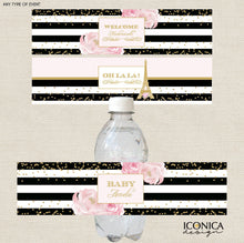 Load image into Gallery viewer, French Bottle Labels, Bridal Shower Bottle Wrappers, Black and White Stripes Gold Glitter, Printed or Personalized Printable File
