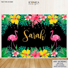 Load image into Gallery viewer, Flamingo Party Backdrop - Tropical Luau Backdrop Summer Parties - Let&#39;s Flamingle - Tiki Party Pool Party Printed Or Printable File BAE0005
