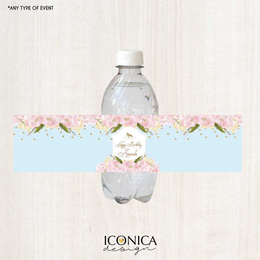Floral Bottle Labels, Horse Party Bottle Wrappers, Blue and Pink, Garden Party, Printed or Personalized Printable File