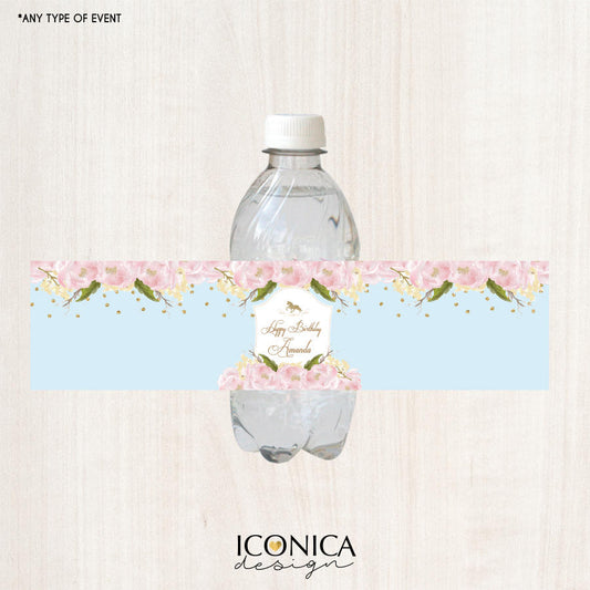 Floral Bottle Labels, Horse Party Bottle Wrappers, Blue and Pink, Garden Party, Printed or Personalized Printable File