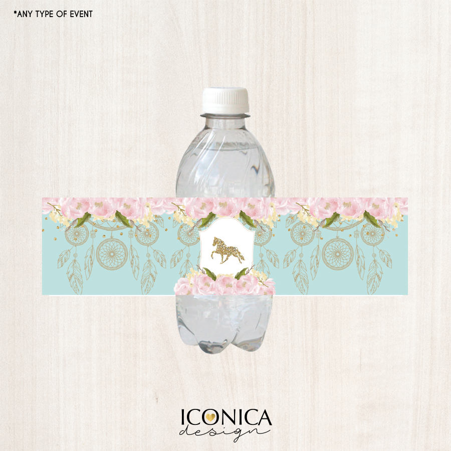 Floral Bottle Labels, Horse Party Bottle Wrappers, Mint Green and Pink, Garden Party, Printed or Personalized Printable File