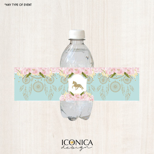 Floral Bottle Labels, Horse Party Bottle Wrappers, Mint Green and Pink, Garden Party, Printed or Personalized Printable File