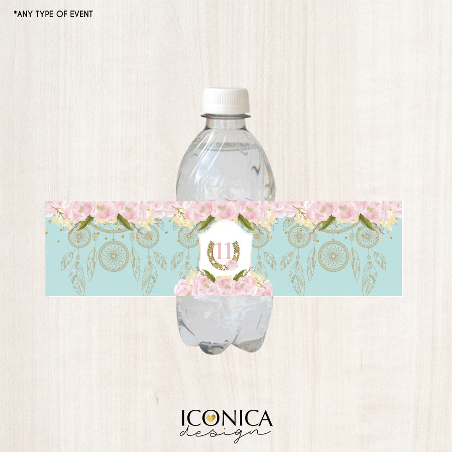 Floral Bottle Labels, Horse Party Bottle Wrappers, Mint Green and Pink, Garden Party, Printed or Personalized Printable File