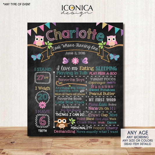 Owl First Birthday Chalkboard Woodland Poster First Birthday Milestone Chalkboard Poster Fall Party - Digital File Or Printed Poster CBD0038