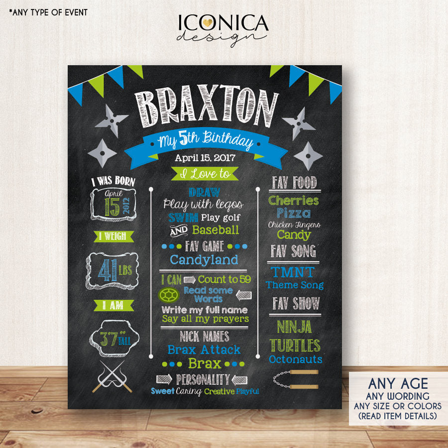 Ninja Party Chalkboard Sign, Birthday Poster, Any Age, Blue And Green , any color - Printed Or Printable File