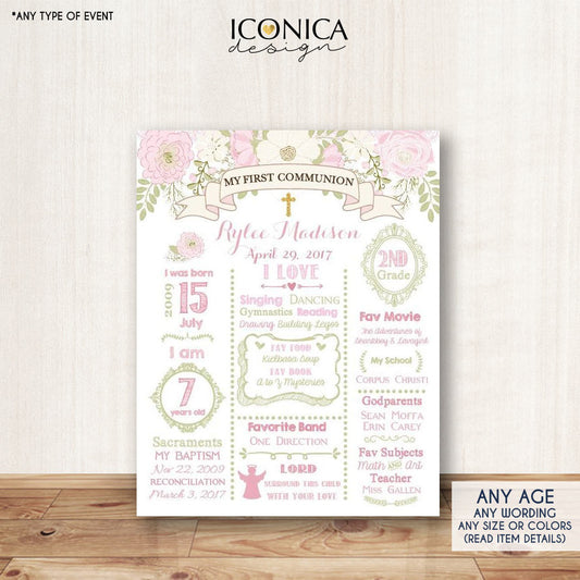 Floral First Holy Communion Chalkboard Sign Poster - Baptism - Or Any Type Of Event - Any Age, 1st Birthday Digital Or Printed CFC0005