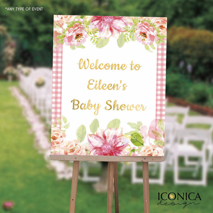 Baby Shower Welcome Sign - Floral Baby Shower Sign - Pink Gingham Watercolor Flowers - Printed or Printable File - Free Shipping