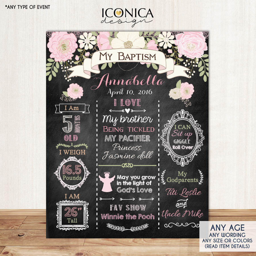 Baptism Chalkboard Poster, Garden Party Sign, Floral Chalkboard Poster, Printed Or Printable File Milestones Poster