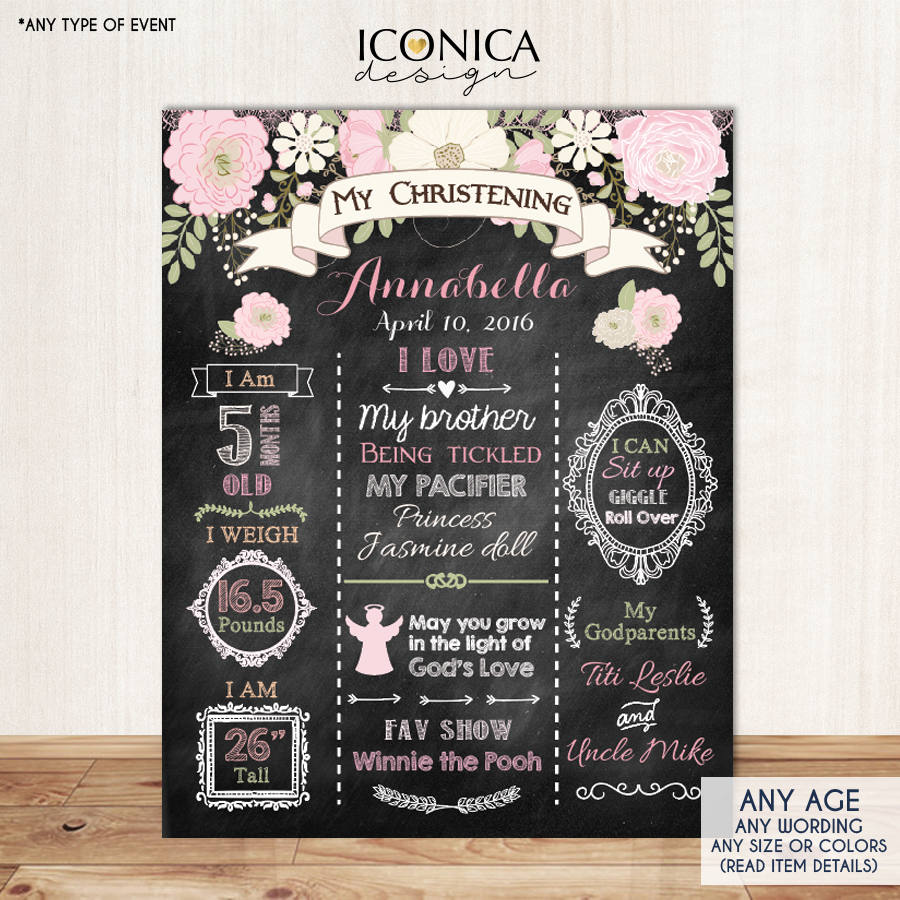 Christening Chalkboard Sign, Garden Party Sign, Floral Chalkboard Poster, Printed Or Printable File Milestones Poster