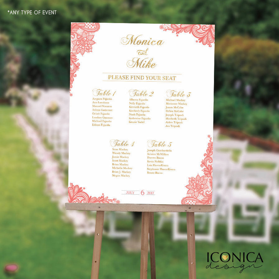 Wedding Seating Chart Board, Elegant Coral Gold Wedding, Lace Guest List Chart Seating Chart, Template Or Printed Any Color