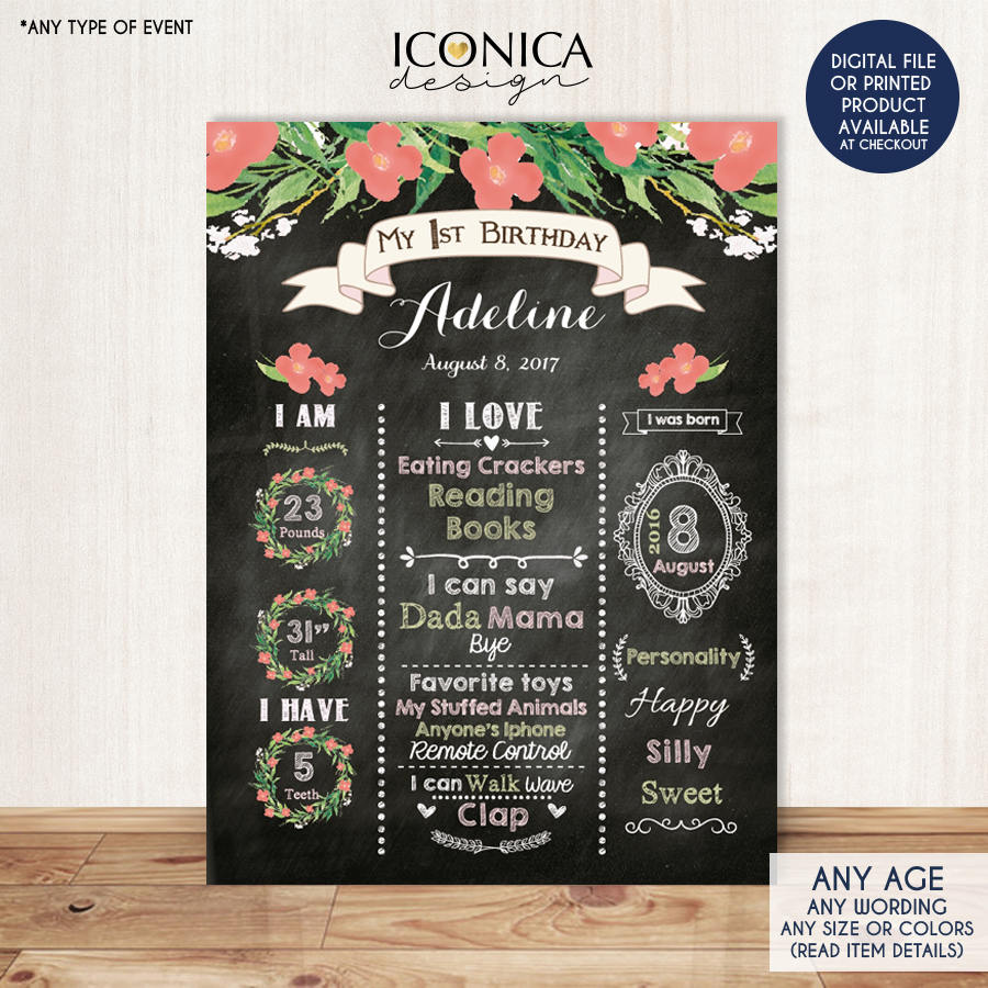 Floral First Birthday Chalkboard Sign, 1st Birthday Party Sign, Stats  Milestone Poster, Garden Party, Printed Or Printable File