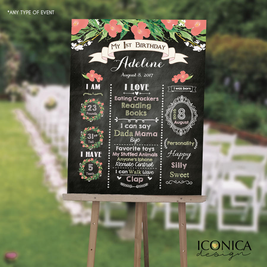 Floral First Birthday Chalkboard Sign, 1st Birthday Party Sign, Stats  Milestone Poster, Garden Party, Printed Or Printable File