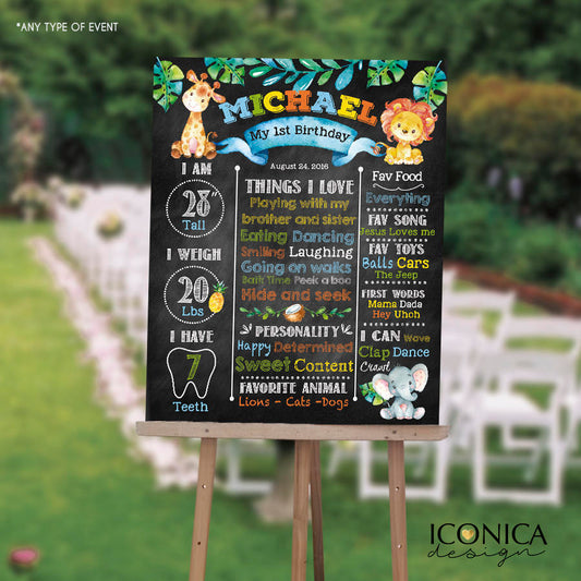 SAFARI First Birthday Chalkboard Sign - Party Animals Birthday Party Decor - Text with any color - Any Age or Type of Event CBD0034