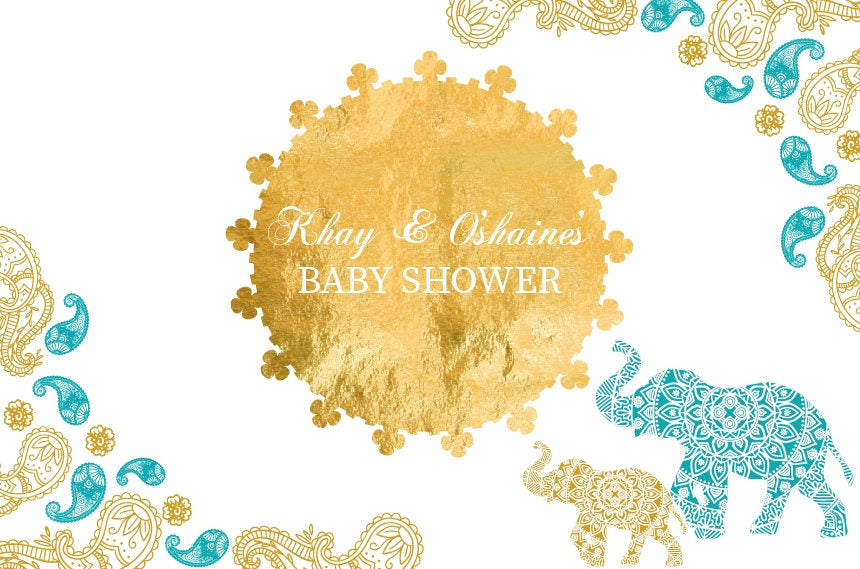 Virtual Baby Shower Moroccan Baby Shower Backdrop, Teal And Gold Elephant Party Backdrop, Any Event - Printed Or Printable File
