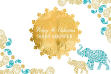 Load image into Gallery viewer, Virtual Baby Shower Moroccan Baby Shower Backdrop, Teal And Gold Elephant Party Backdrop, Any Event - Printed Or Printable File
