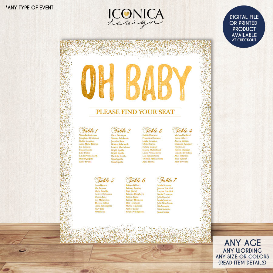 BABY SHOWER Seating Chart Board, Oh baby Gold Seating Chart, Gold Guest List Chart , Any Color, Gold Confeti, Template Or Printed SCW0013
