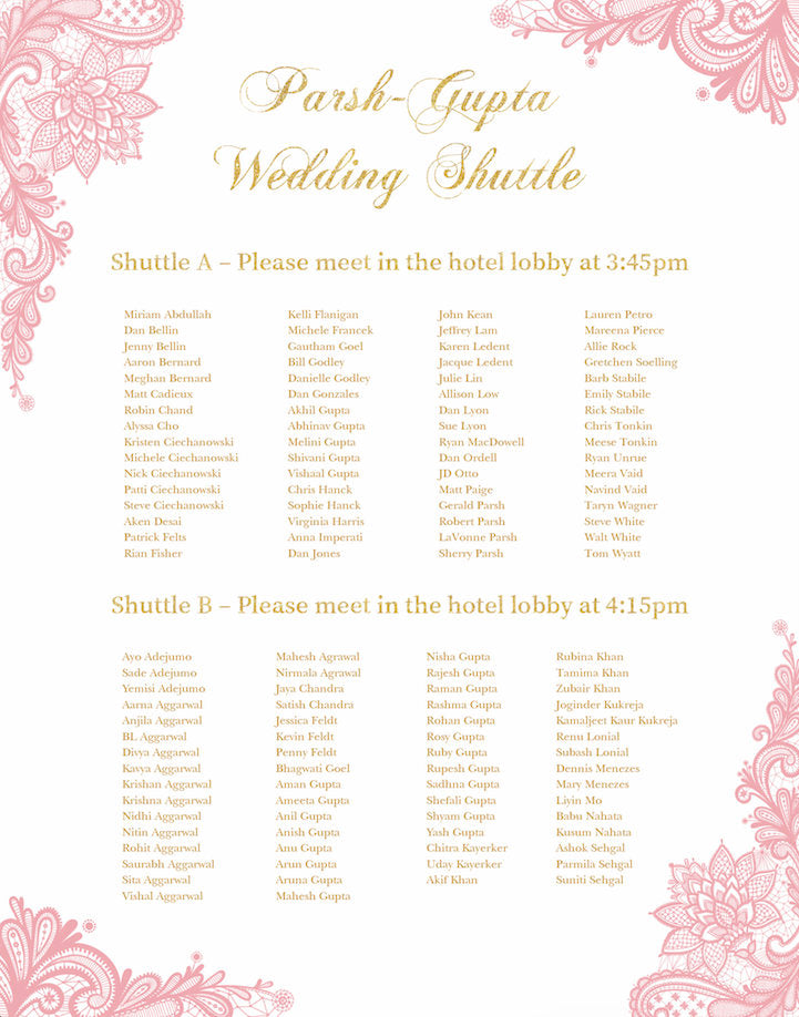 Wedding Shuttle Sign, Elegant Pink Gold Wedding, Lace Guest List Chart Seating Chart,  Any Color, Printed SCW0015