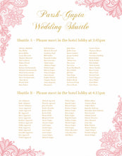 Load image into Gallery viewer, Wedding Shuttle Sign, Elegant Pink Gold Wedding, Lace Guest List Chart Seating Chart,  Any Color, Printed SCW0015
