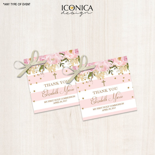 First Communion Favor Tags - Floral Pink Stripes Gift Tags - Thank You Tags - Pink Peonies Digital File Or Printed Shipped Gift Tags TFC0005