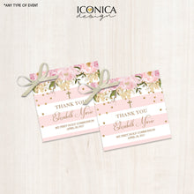 Load image into Gallery viewer, First Communion Favor Tags - Floral Pink Stripes Gift Tags - Thank You Tags - Pink Peonies Digital File Or Printed Shipped Gift Tags TFC0005
