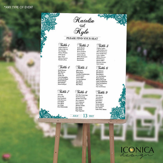 Wedding Seating Chart Board, Teal Printable Guest List Chart, Seating Chart Template, Lace Teal Wedding, Printed