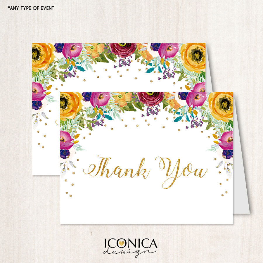 Floral Thank You Cards /set Of 10/ A2 Folded / White Envelopes Included / Non Personalized - Printed Cards