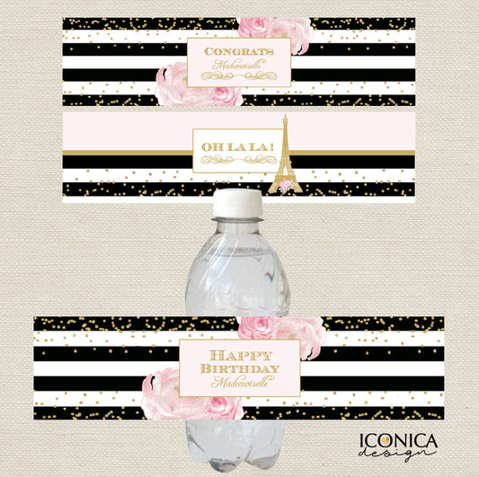 French Birthday Collection, Water Bottle Labels, Black and White Stripes Gold Glitter Bottle Wrappers,Printed or Personalized Printable File