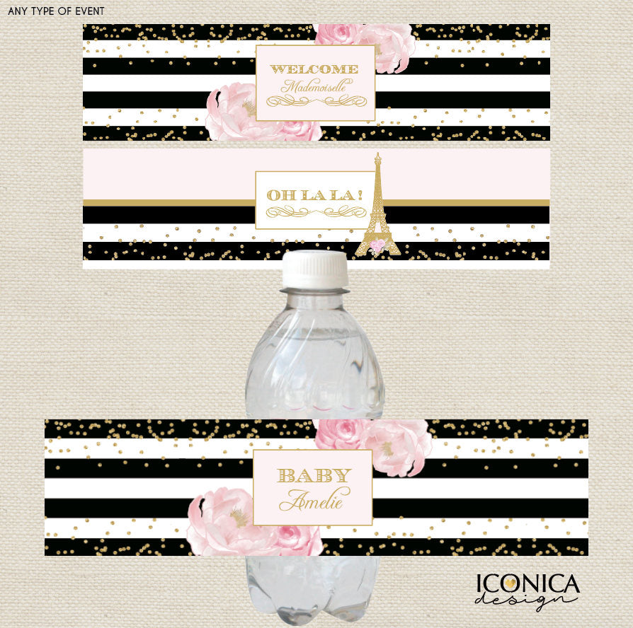 French Birthday Collection, Water Bottle Labels, Black and White Stripes Gold Glitter Bottle Wrappers,Printed or Personalized Printable File