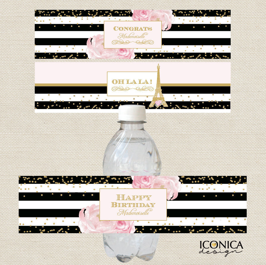 French Baby Shower Bottle Labels, Black and White Stripes Gold Glitter, Printed or Personalized Printable File