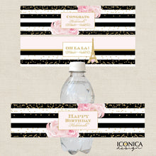 Load image into Gallery viewer, French Bottle Labels, Bridal Shower Bottle Wrappers, Black and White Stripes Gold Glitter, Printed or Personalized Printable File

